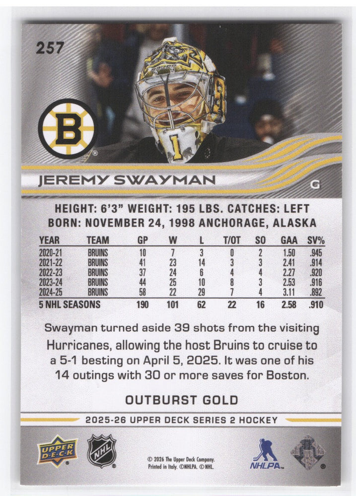 2025-26 Upper Deck Series 2 Outburst Gold #257 Jeremy Swayman /1