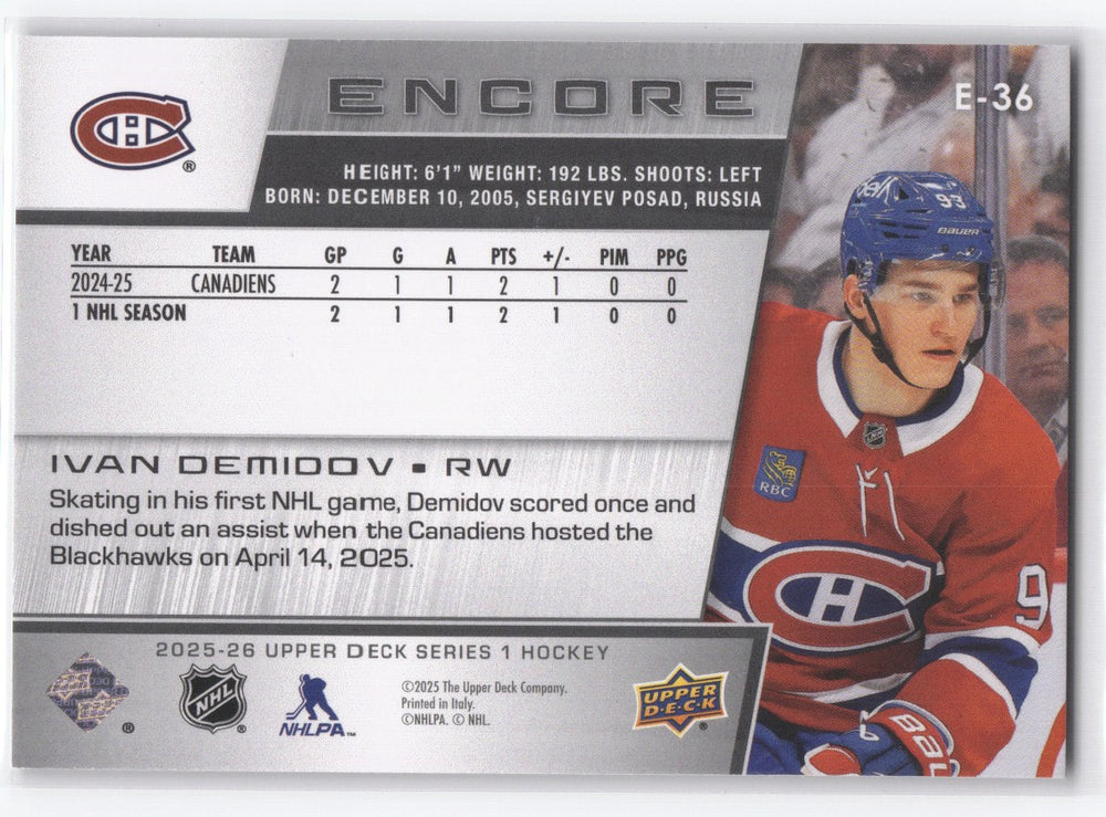 2025-26 Upper Deck Series 1 Encore E-36 Rookie Rc Ivan Demidov