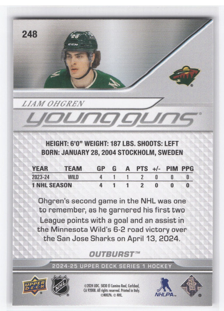 2025-26 Upper Deck Series 1 Young Guns Outburst #248 Rookie Rc Liam Ohgren