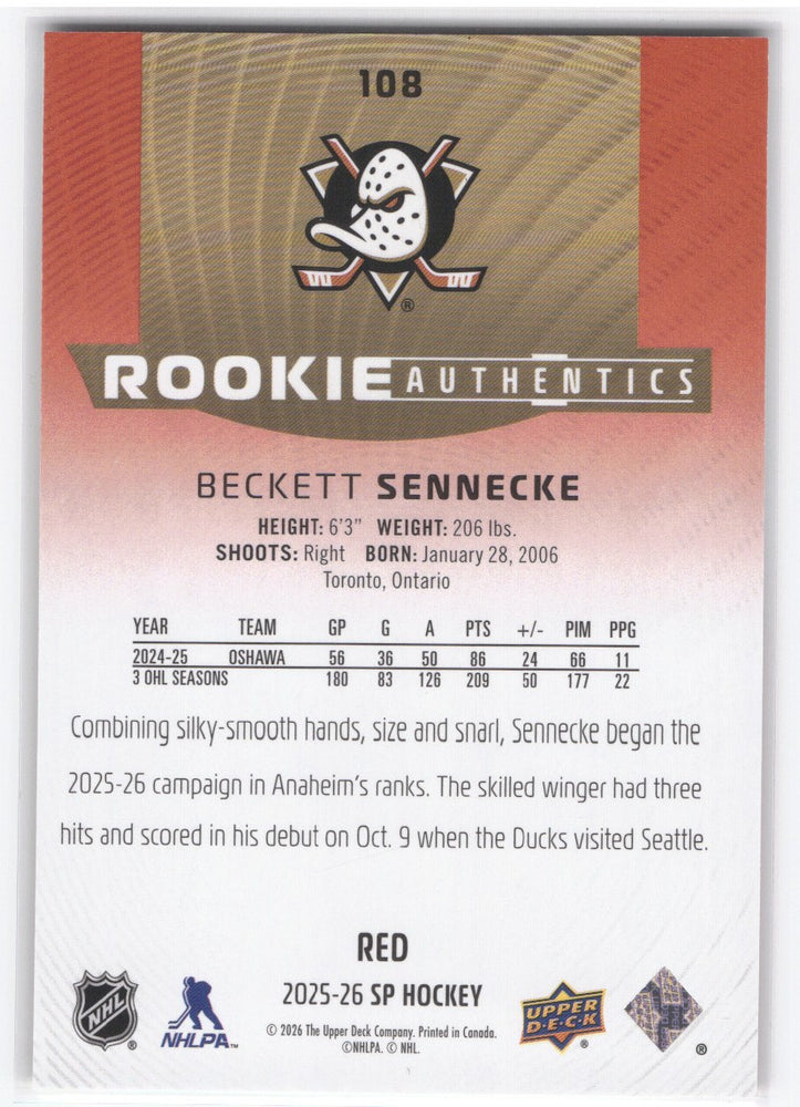 2025-26 Upper Deck Sp Hockey Rookie Authentics Red #108 Rookie Rc Beckett Sennecke /99