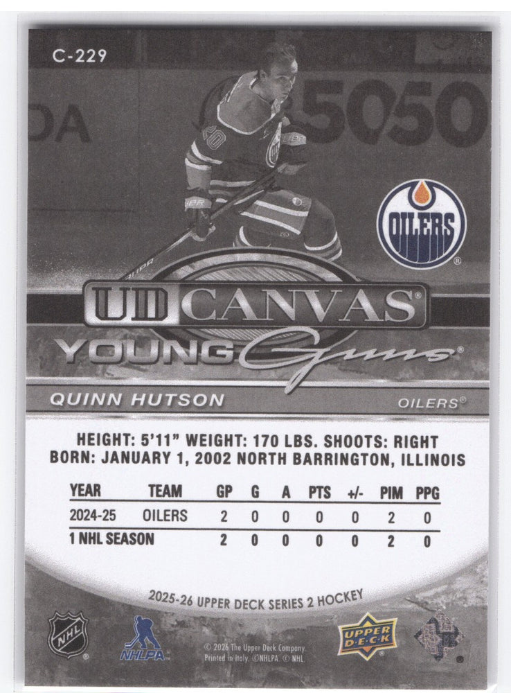 2025-26 Upper Deck Series 2 Young Guns Ud Canvas Black And White C-229 Rookie Rc Quinn Hutson