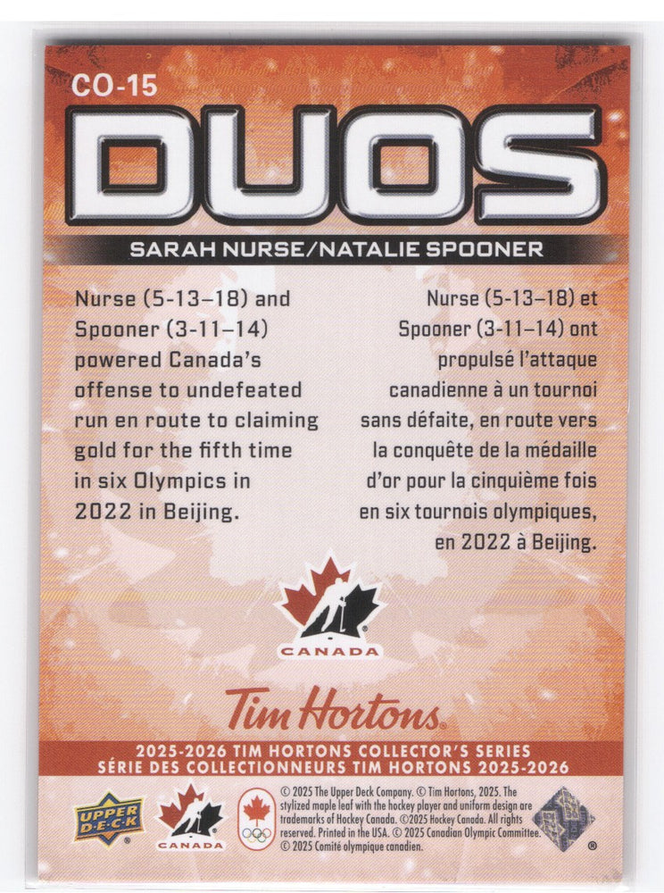 2025-26 Upper Deck Tim Hortons Collectors Series Duos Co-15 Sarah Nurse Natalie Spooner