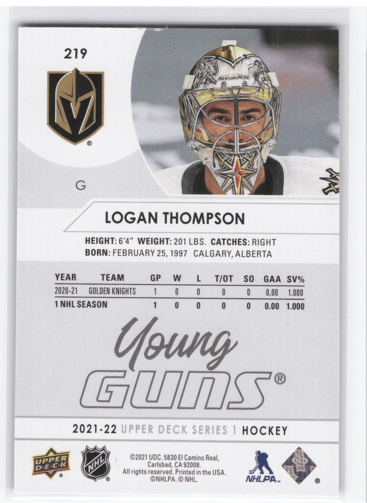 2021-22 Upper Deck Series 1 Young Guns #219 Rookie Rc Logan Thompson