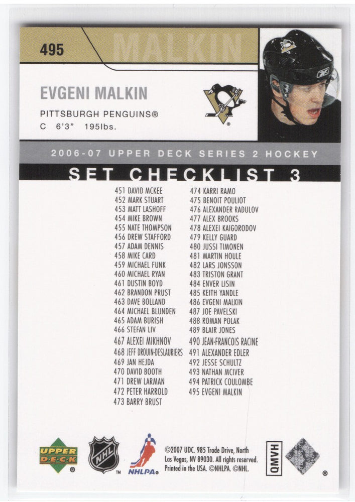 2007 Upper Deck Series 2 Young Guns Checklist #495 Rookie Rc Evgeni Malkin