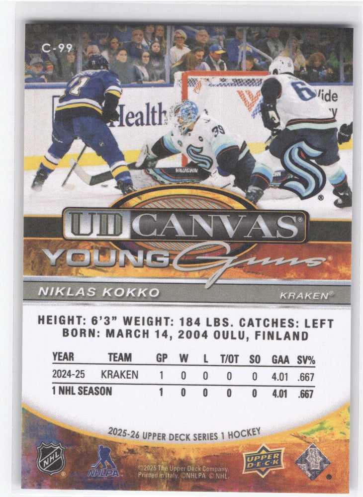 2025-26 Upper Deck Series 1 Young Guns Ud Canvas C-99 Rookie Rc Niklas Kokko
