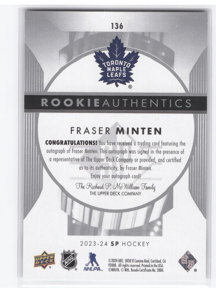2023-24 Upper Deck Sp Hockey Rookie Authentics Auto #136 Rookie Rc Fraser Minten