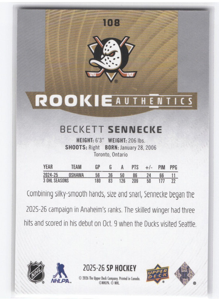 2025-26 Upper Deck Sp Hockey Rookie Authentics #108 Rookie Rc Beckett Sennecke /1749