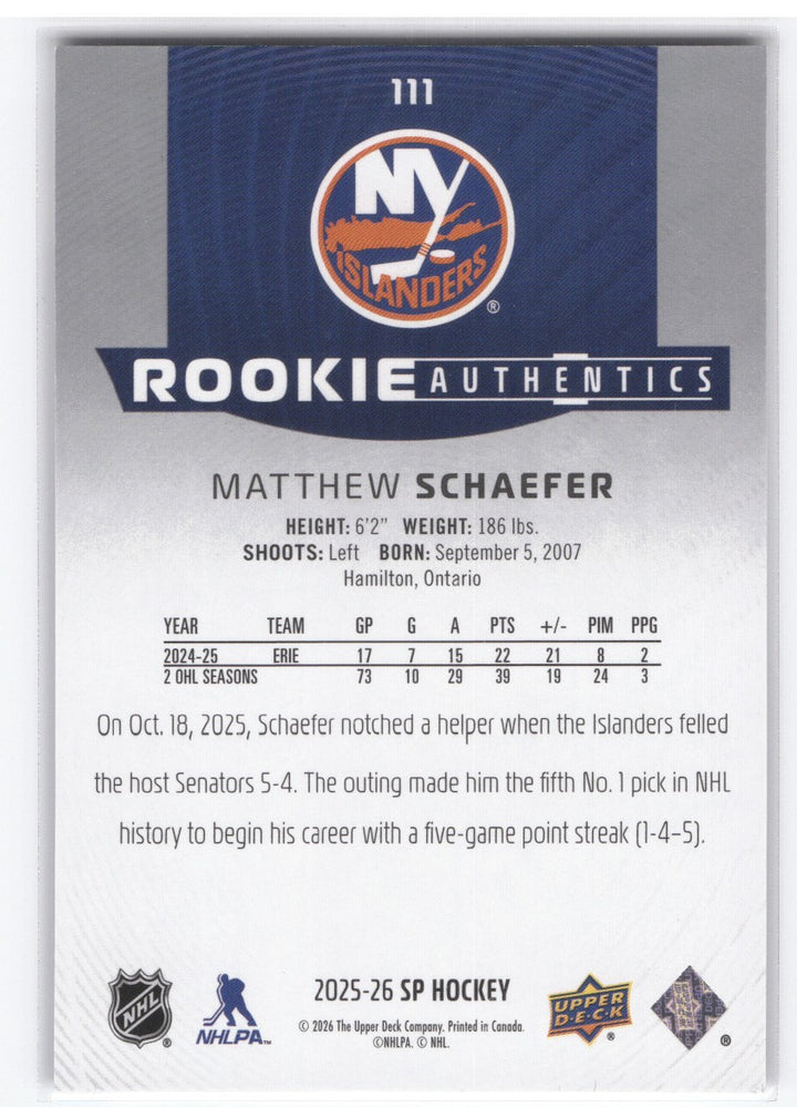 2025-26 Upper Deck Sp Hockey Rookie Authentics #111 Rookie Rc Matthew Schaefer /1749
