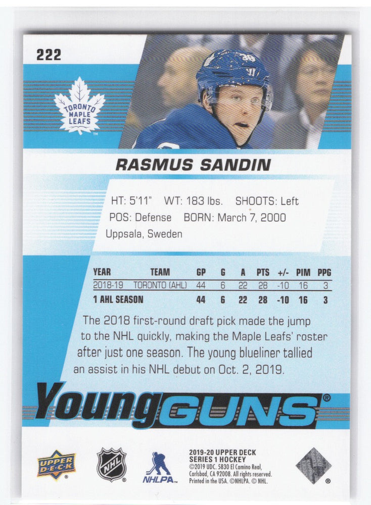2019-20 Upper Deck Series 1 Young Guns #222 Rookie Rc Rasmus Sandin