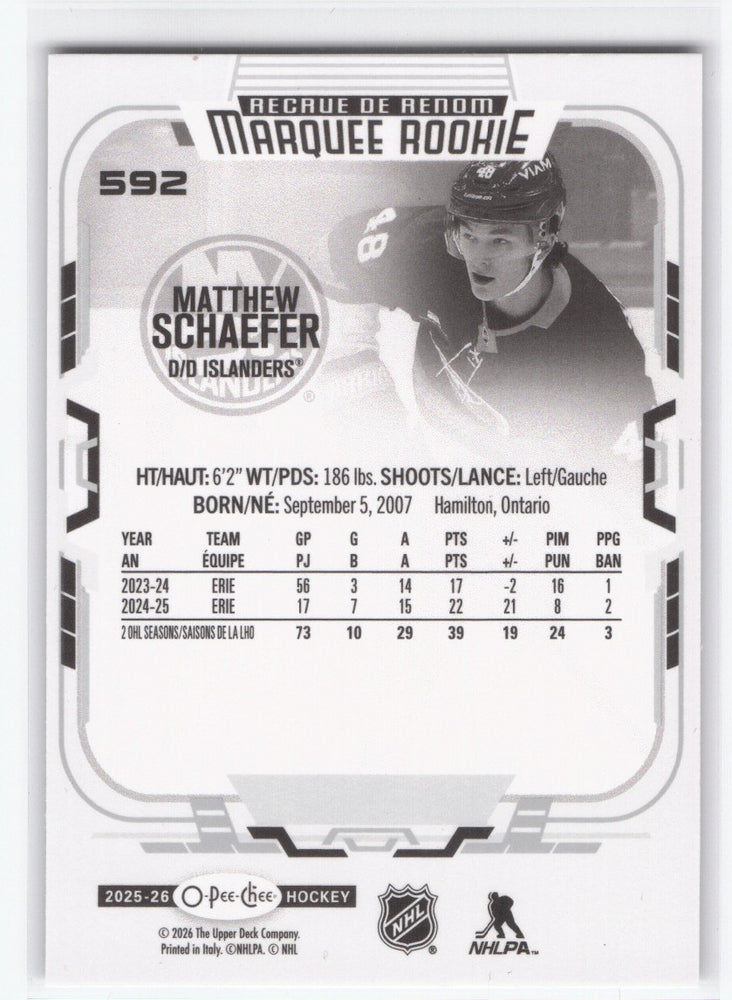 2025-26 Upper Deck O-Pee-Chee Marquee Rookie #592 Rookie Rc Matthew Schaefer
