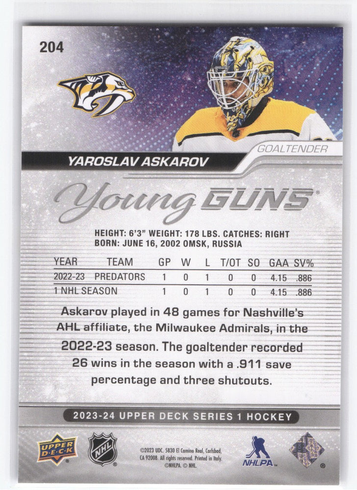 2023-24 Upper Deck Series 1 Young Guns #204 Rookie Rc Yaroslav Askarov