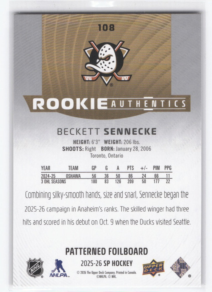 2025-26 Upper Deck Sp Hockey Patterned Foilboard #108 Rookie Rc Beckett Sennecke