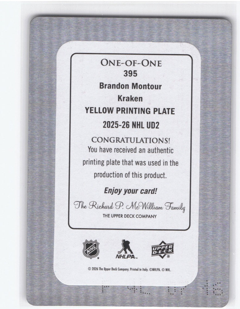 2025-26 Upper Deck Series 2 Yellow Printing Plate #395 Brandon Montour /1