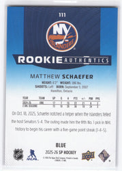 2025-26 Upper Deck Sp Hockey Rookie Authentics Blue #111 Rookie Rc Matthew Schaefer