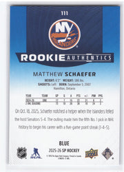 2025-26 Upper Deck Sp Hockey Rookie Authentics Blue #111 Rookie Rc Matthew Schaefer