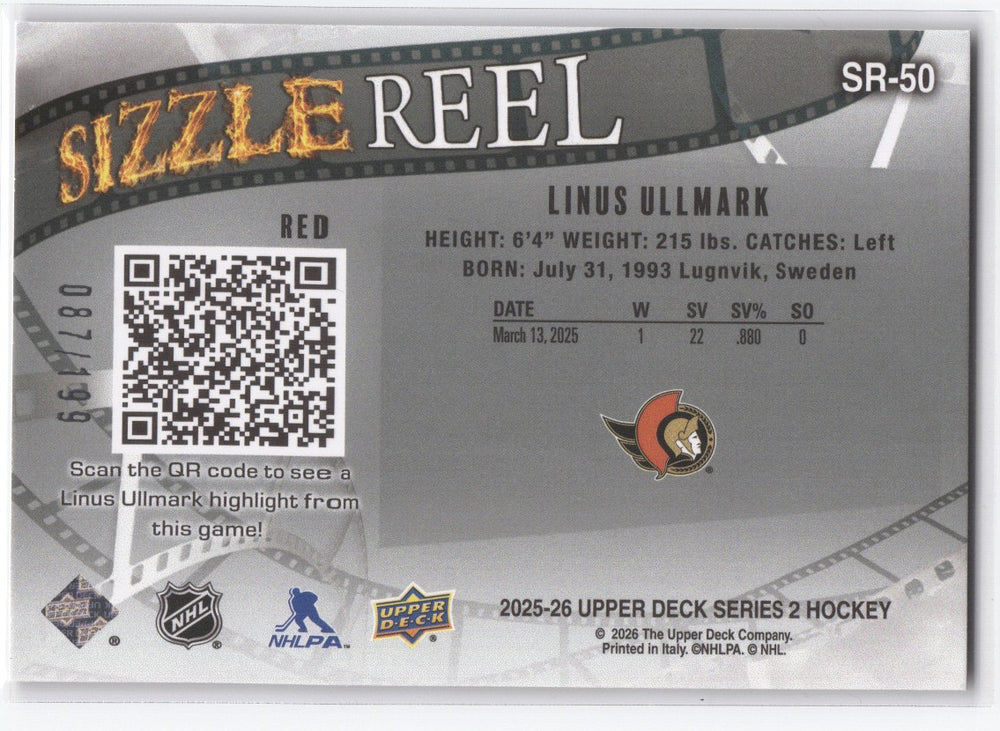 2025-26 Upper Deck Sizzle Reel Red Sr-50 Linus Ullmark /199