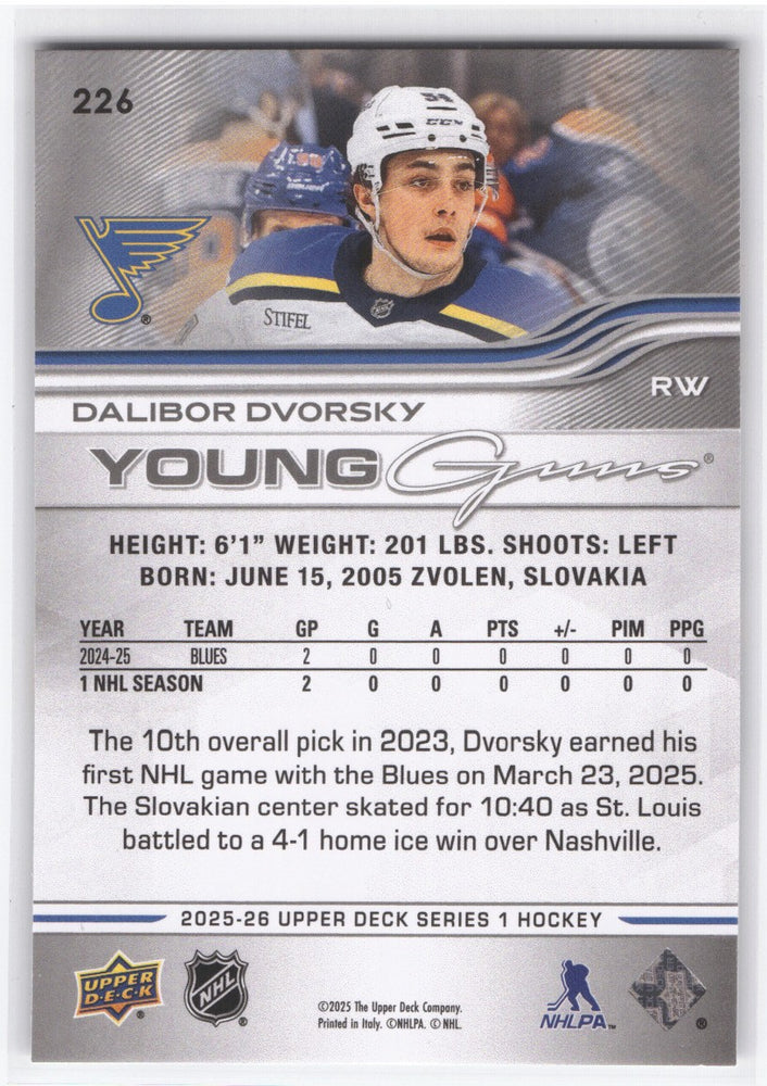2025-26 Upper Deck Series 1 Young Guns #226 Rookie Rc Dalibor Dvorsky