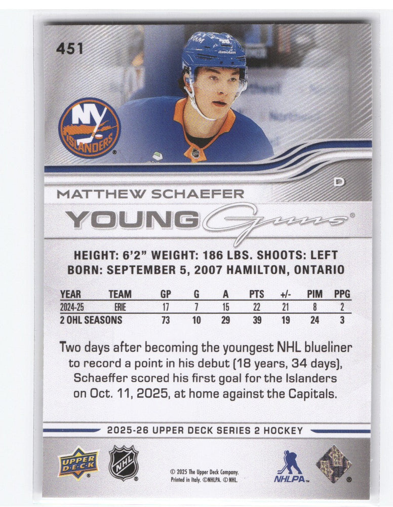 2025-26 Upper Deck Series 2 Young Guns #451 Rookie Rc Matthew Schaefer