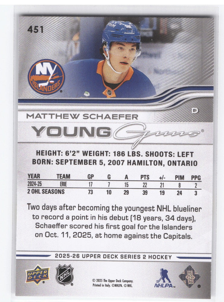 2025-26 Upper Deck Series 2 Young Guns #451 Rookie Rc Matthew Schaefer
