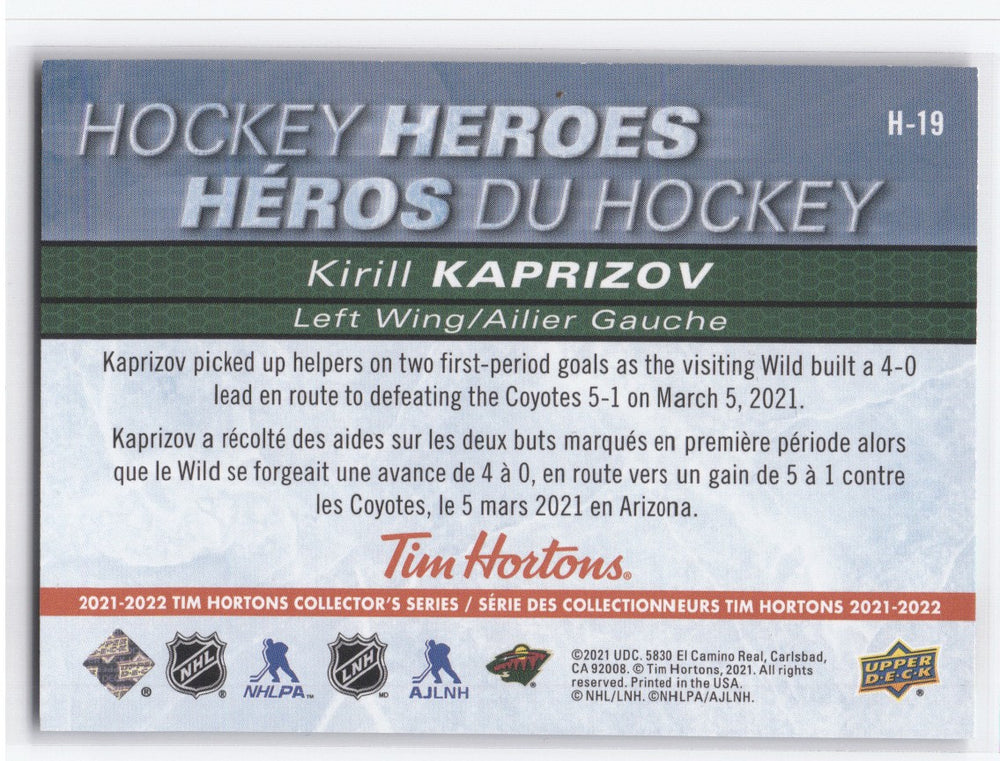 2021-22 Upper Deck Tim Hortons Collectors Series Hockey Heroes H-19 Kirill Kaprizov