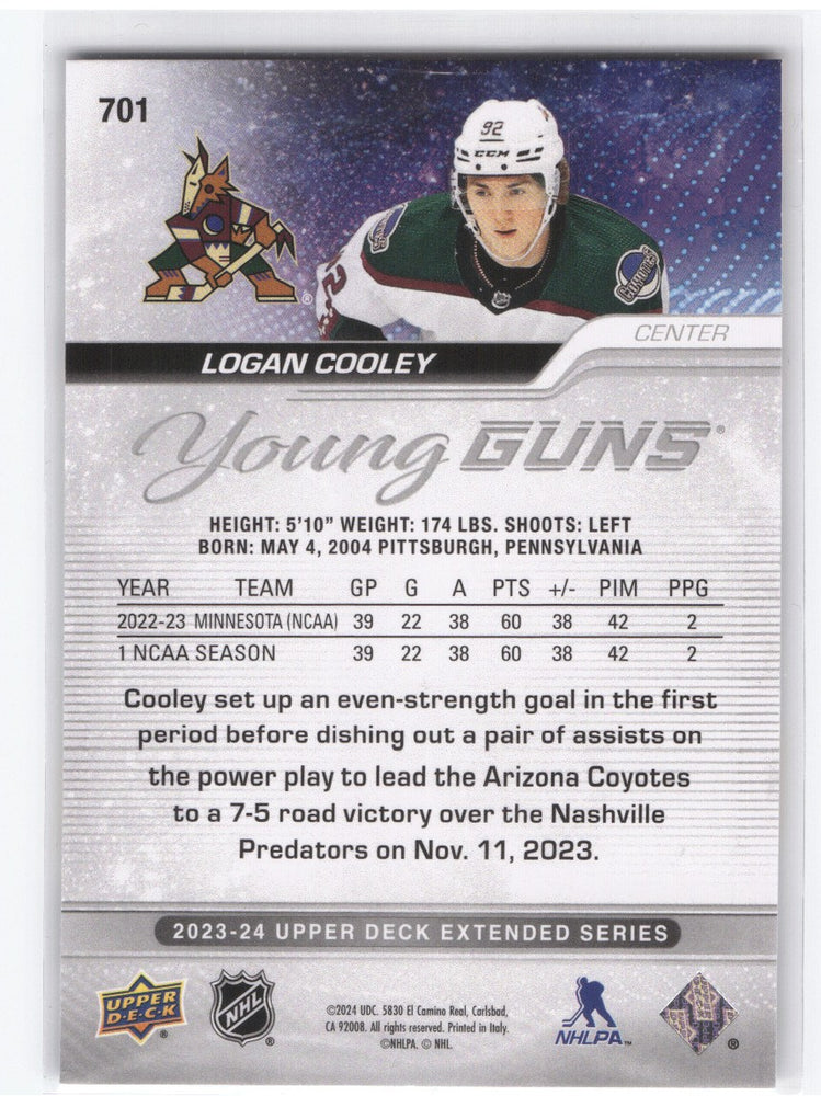 2023-24 Upper Deck Extended Young Guns #701 Rookie Rc Logan Cooley