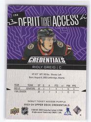 2023-24 Upper Deck Credentials Debut Ticket Access #194 Rookie Rc Ridly Greig /10