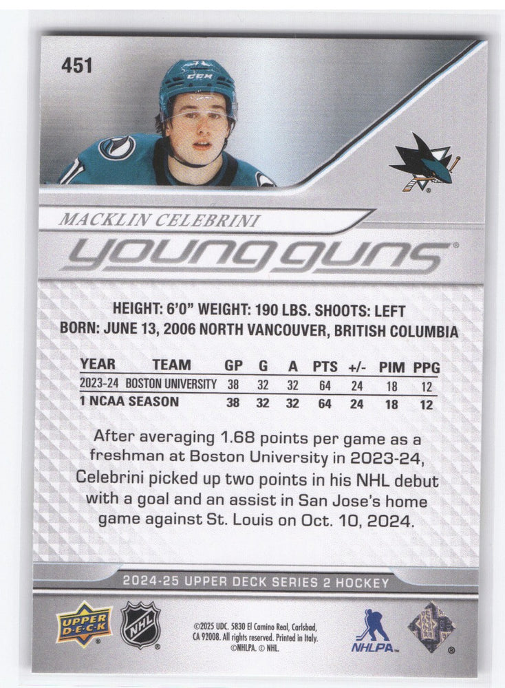 2024-25 Upper Deck Series 2 Young Guns #451 Rookie Rc Macklin Celebrini