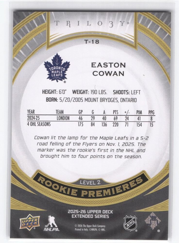 2025-26 Upper Deck Extended Rookie Premieres T-18 Rookie Rc Easton Cowan /499