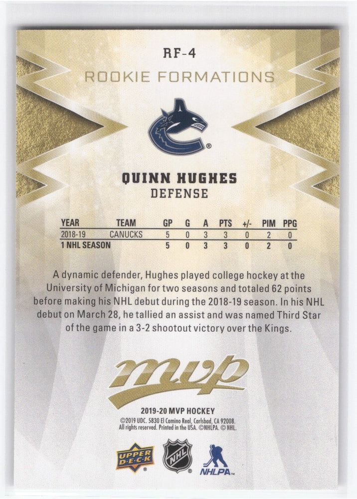 2019-20 Upper Deck Mvp Rookie Formations Rf-4 Rookie Rc Quinn Hughes