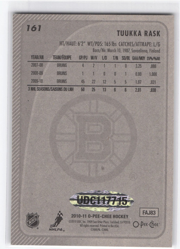 2010-11 Upper Deck O-Pee-Chee Redemtion Auto #161 Auto Tuukka Rask /10