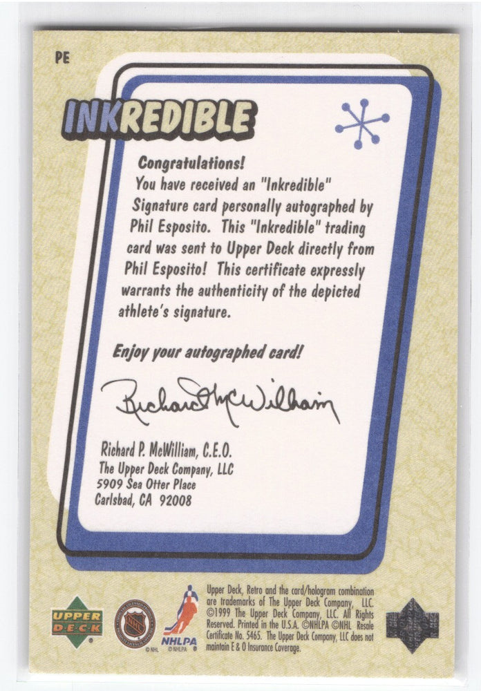 1999 Upper Deck Inkredible Pe Auto Phil Esposito