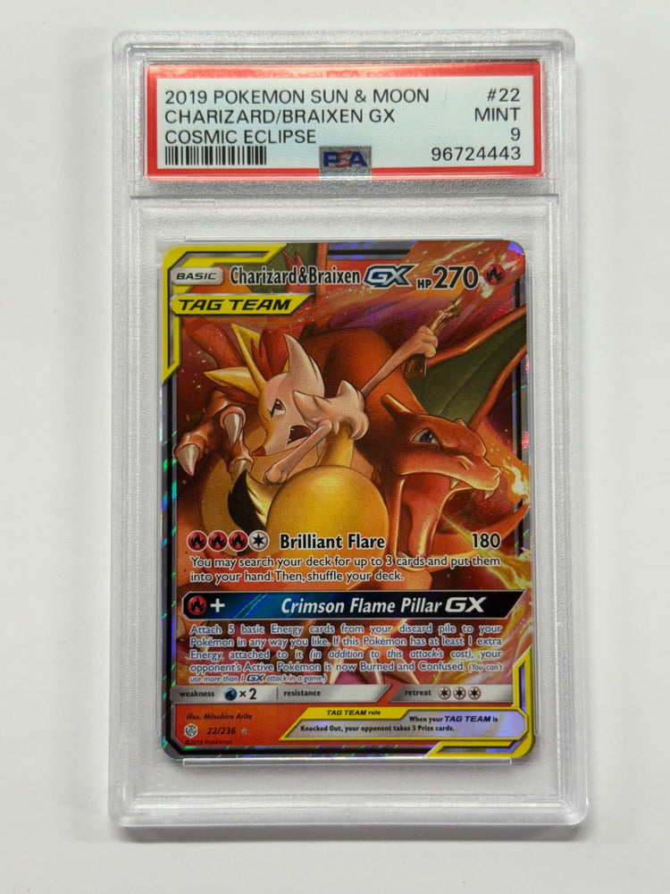 Charizard & Braixen GX (22/236) [Sun & Moon: Cosmic Eclipse] Graded PSA 9