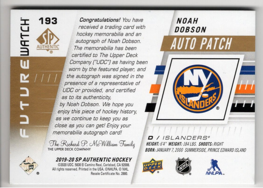 2019-20 Upper Deck Sp Authentic Future Watch Auto Patch #193 Rookie Rc Auto Noah Dobson /100