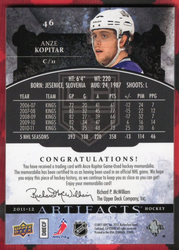2011-12 Upper Deck Artifacts Hockey Emerald 3 Color Jersey Patch #46 Anze Kopitar /65