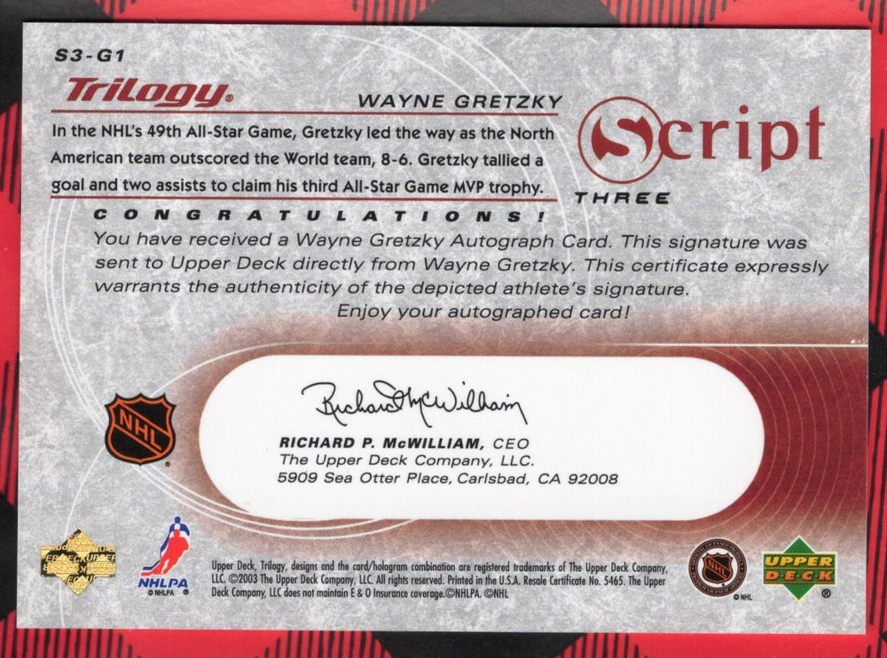 2003-04 Upper Deck Trilogy Script Three S3-G1 Auto Wayne Gretzky