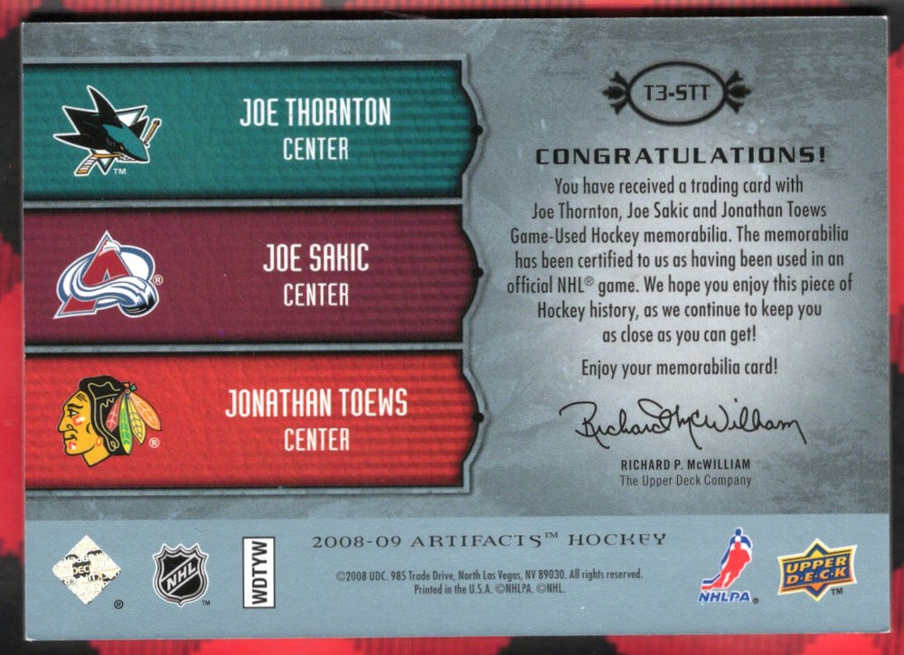 2008-09 Upper Deck Artifacts Hockey Tundra Trios 1/10 T3-Stt Thornton Sakic Toews /10