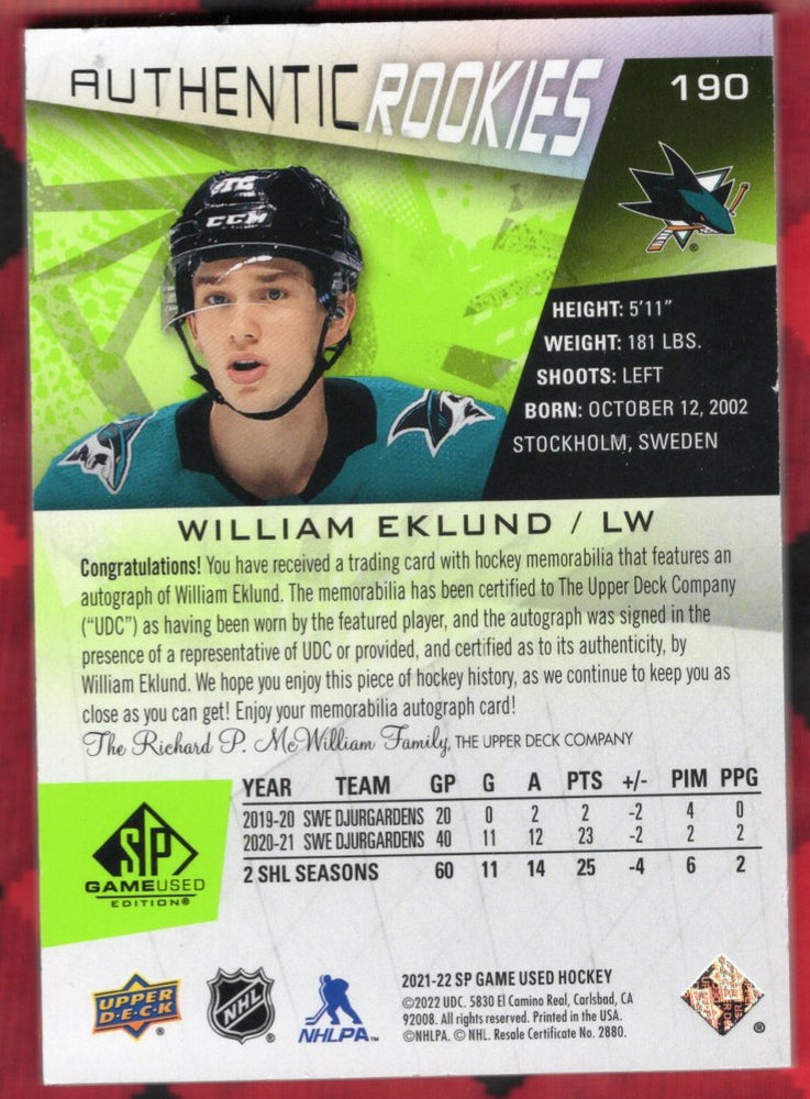 2021-22 Upper Deck Sp Game Used Authentic Rookies Green Tag Autographs #190 Rookie Rc Auto Willam Eklund /3