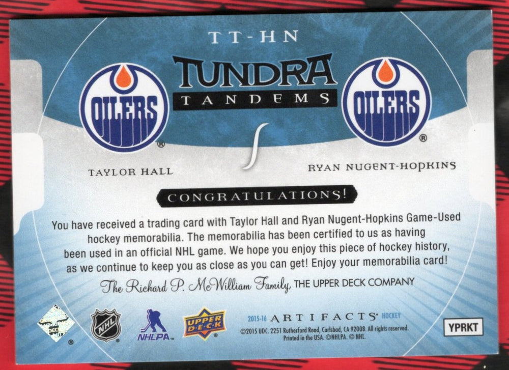 2015-16 Upper Deck Artifacts Hockey Tundra Tandems Dual Patch Tt-Hn Taylor Hall Ryan Nugent-Hopkins /399