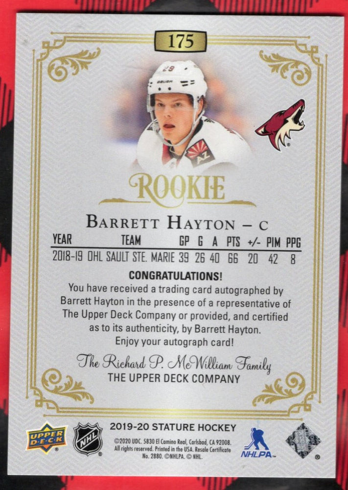 2019-20 Upper Deck Stature Rookie Auto #175 Rookie Rc Auto Barrett Hayton /199