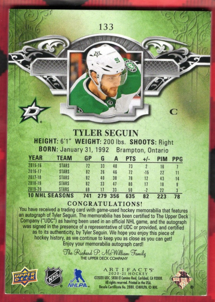2020-21 Upper Deck Artifacts Hockey Dual Patch Auto Emerald #133 Auto Tyler Seguin /15
