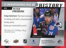 2021-22 Upper Deck Sp Game Used Embroidered In History #63 Peter Forsberg