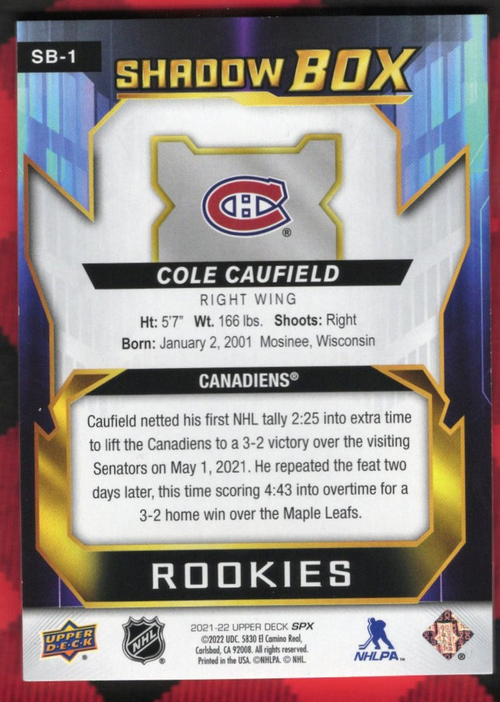 2021-22 Upper Deck Spx Shadowbox Rookies Sb-1 Rookie Rc Cole Caufield