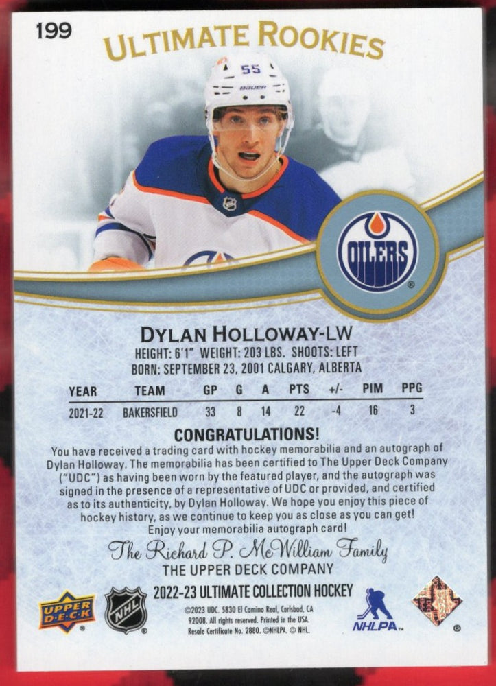 2022-23 Upper Deck Ultimate Collection Hockey Ultimate Rookies Patch #199 Rookie Rc Auto Dylan Holloway /49
