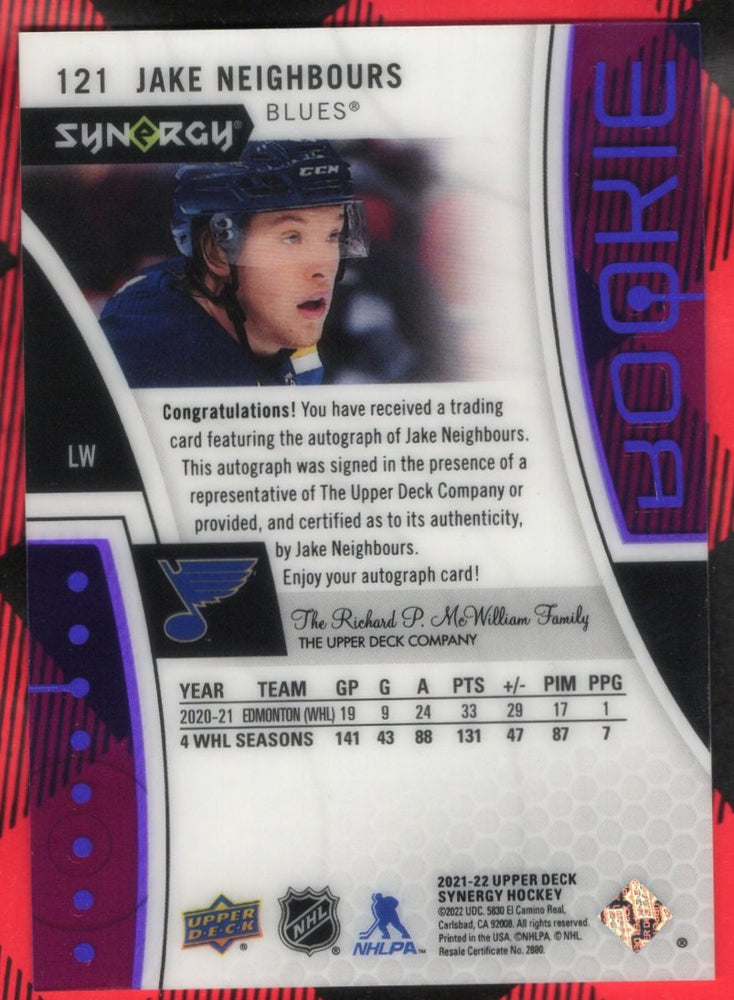 2021-22 Upper Deck Synergy Rookie Auto 99/99 #121 Rookie Rc Auto Jake Neighbours /99