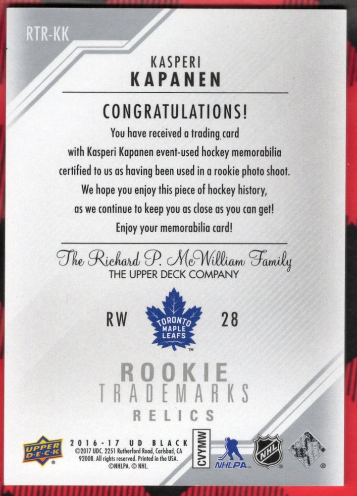 2016-17 Upper Deck Black Rookie Trademarks Relics Rtr-Kk Rookie Rc Kasperi Kapanen