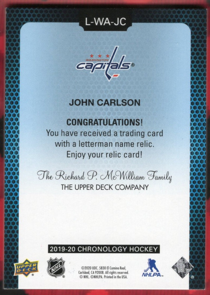 2019-20 Upper Deck Chronology Hockey Letterman L-Wa-Jc John Carlson /35