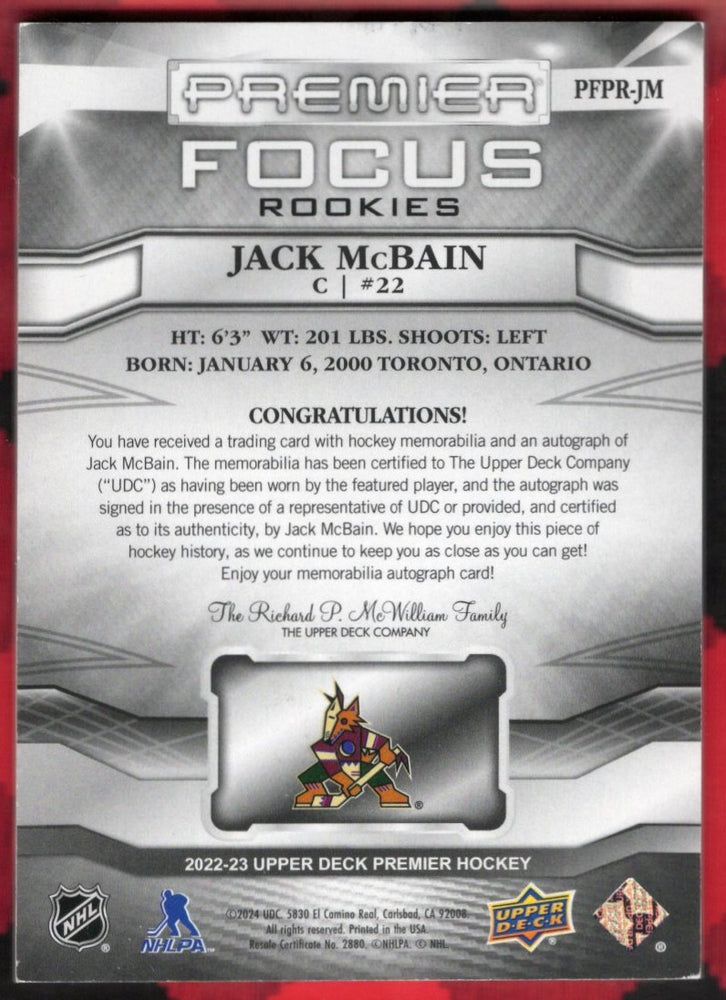 2022-23 Upper Deck Premier Hockey Premier Focus Rookies Pfpr-Jm Rookie Rc Auto Jack Mcbain /49