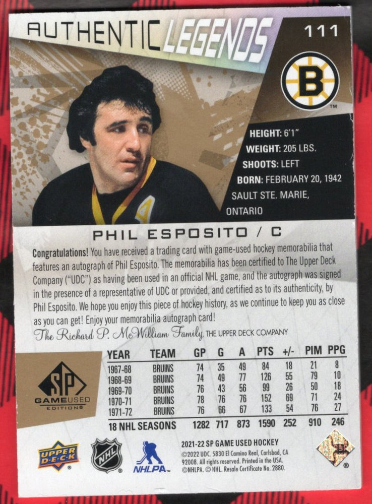 2021-22 Upper Deck Sp Game Used Authentic Legends #111 Auto Phil Esposito /25