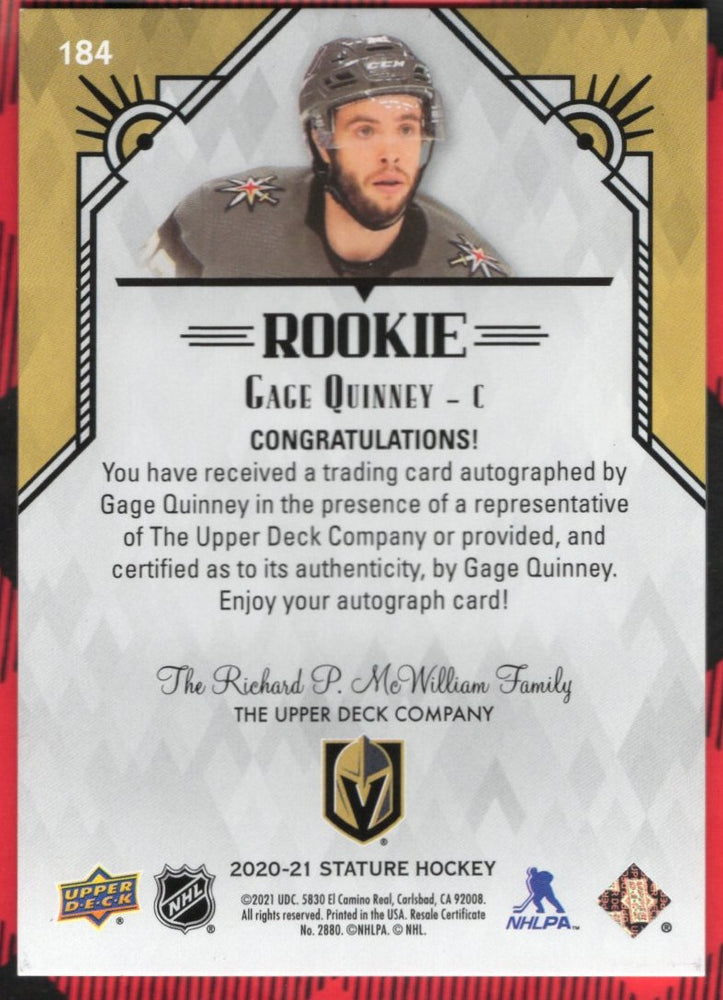 2020-21 Upper Deck Stature Rookie Auto #184 Rookie Rc Auto Gage Quinney /199