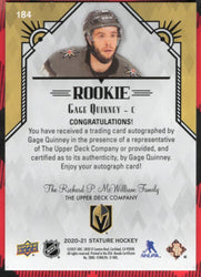 2020-21 Upper Deck Stature Rookie Auto #184 Rookie Rc Auto Gage Quinney /199